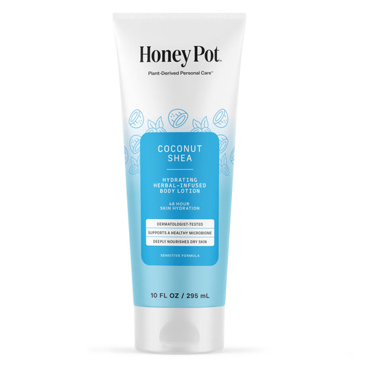 The Honey Pot Coconut Shea Hydrating Lotion bottle provides gentle daily moisture.