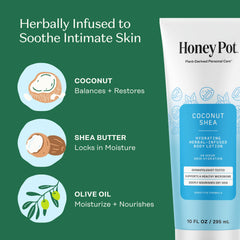 The Honey Pot Coconut Shea Hydrating Lotion close-up texture shows rich, smooth cream.
