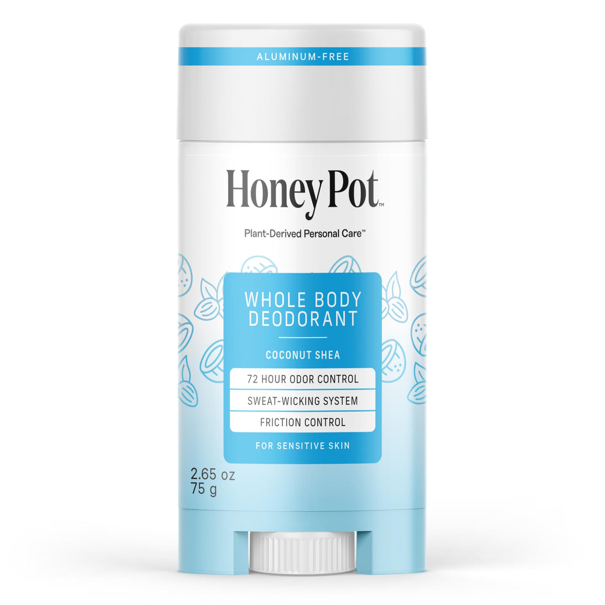 The Honey Pot Coconut Shea Whole Body Deodorant bottle front view highlights aluminum-free protection