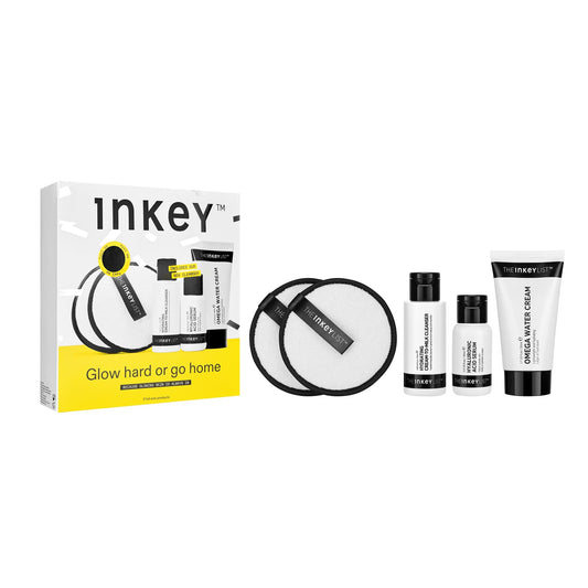 The INKEY List Glow Hard or Go Home gift set packaging shows a complete glow routine.