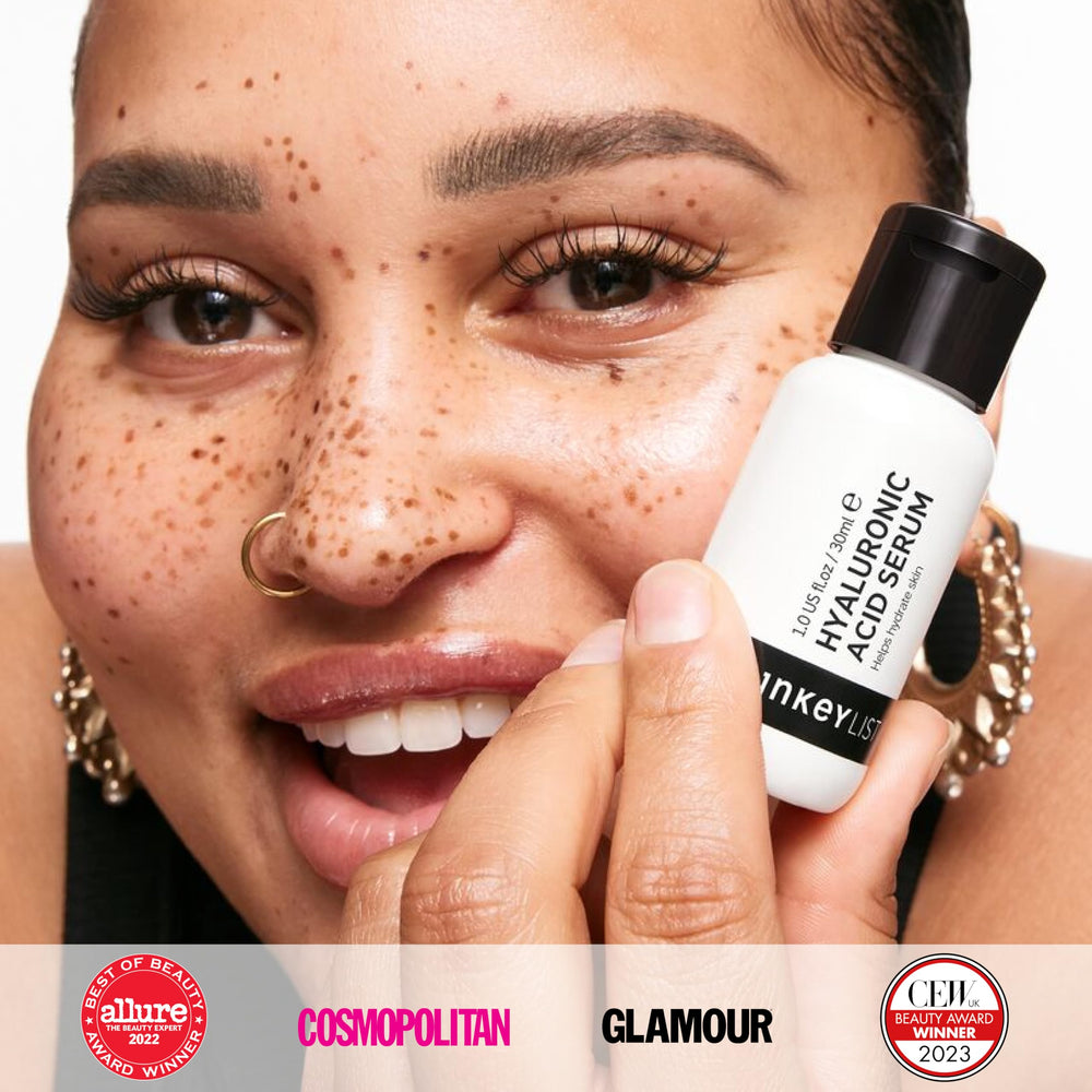 The INKEY List Hyaluronic Acid Serum Duo bottle held in hand