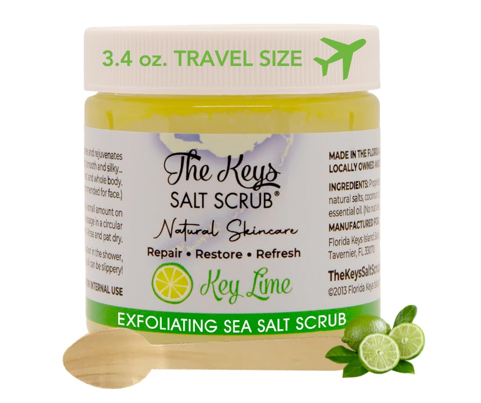 The Keys Salt Scrub jar front shows natural sea salt for smoothing and glow.