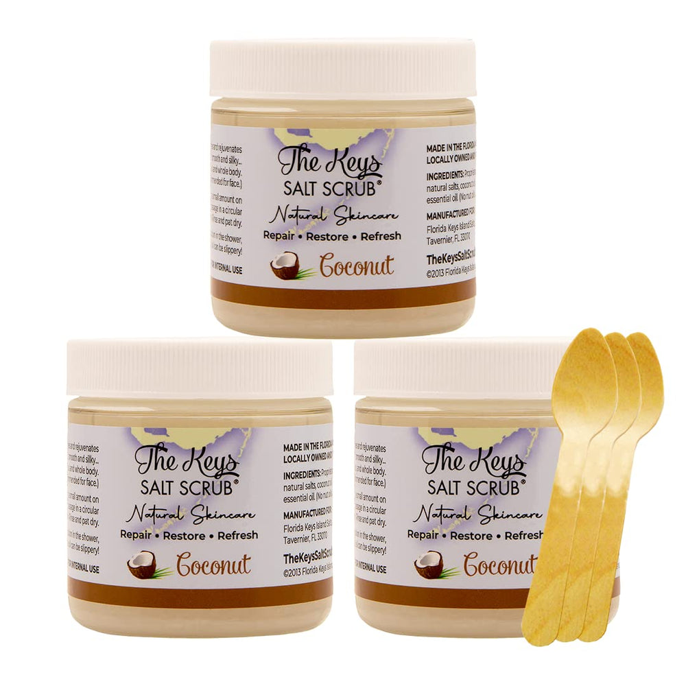 The Keys Salt Scrub sea salt bottle close-up for radiant skin.