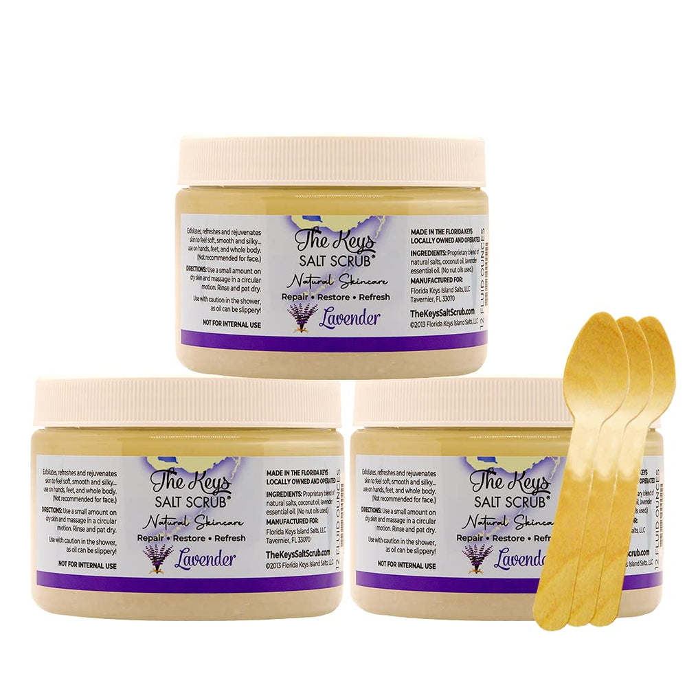 The Keys Salt Scrub sea salt exfoliation bottle features Florida Keys ingredients for smoother skin.