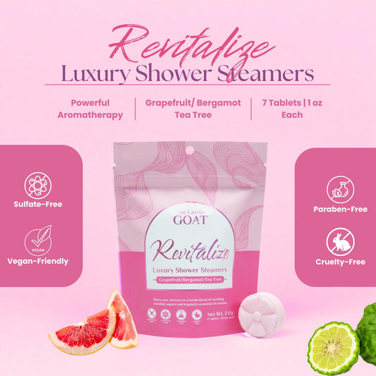 The Lavish Goat Revitalize steamers in pack, ready for your shower routine.