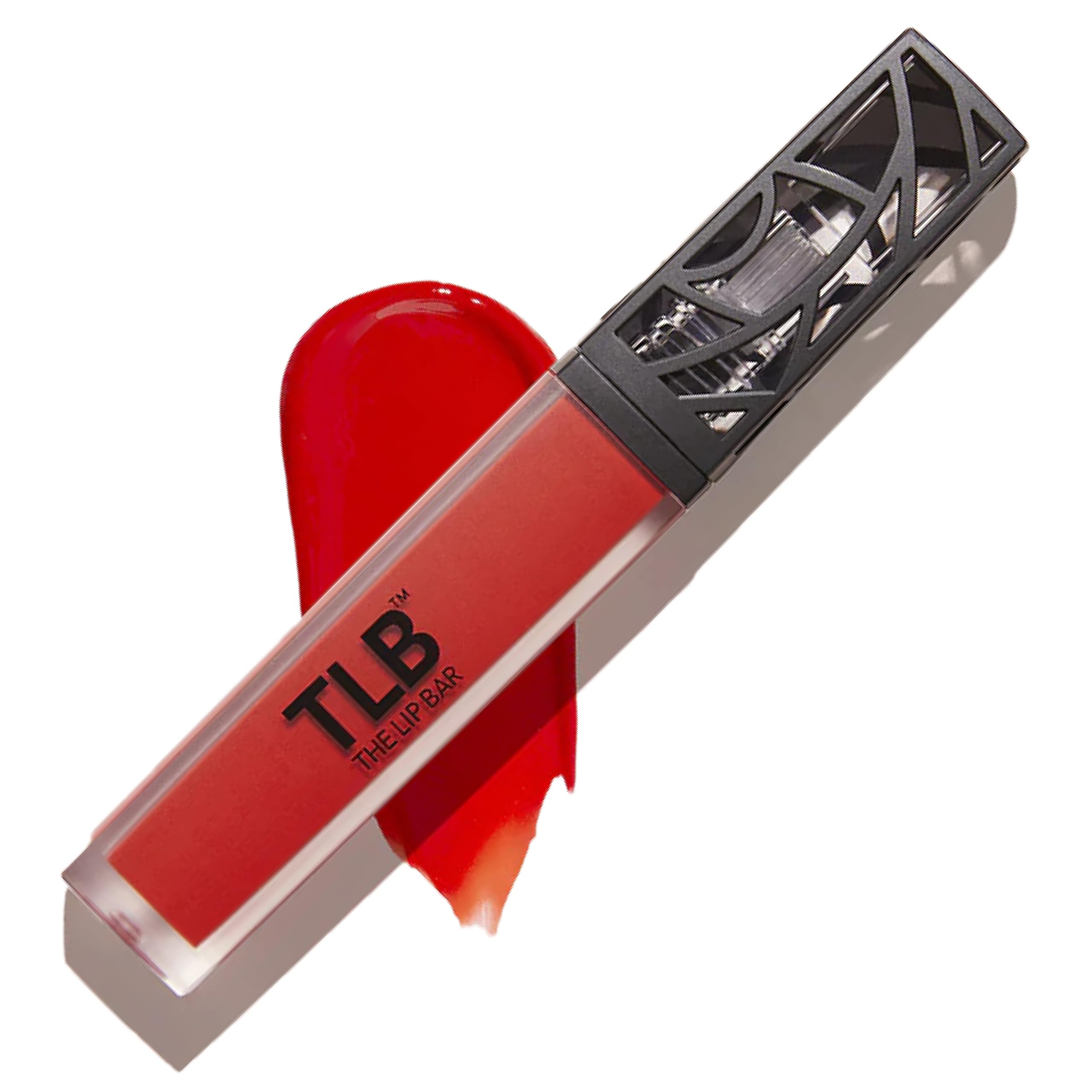 The Lip Bar Boy Trouble liquid matte application shows bold red-orange color with long-lasting wear.