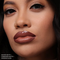 Layering with gloss for shine on Commando lipstick close-up