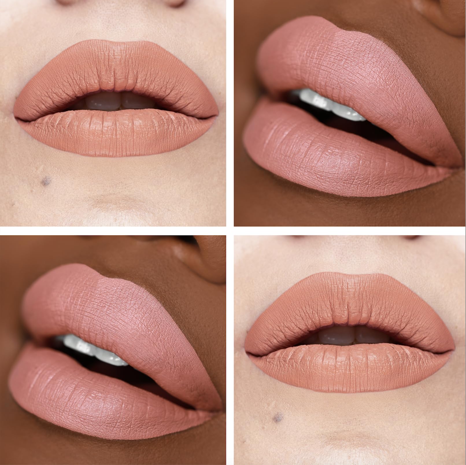 The Lip Bar Commando peachy nude liquid matte gloss like application close-up