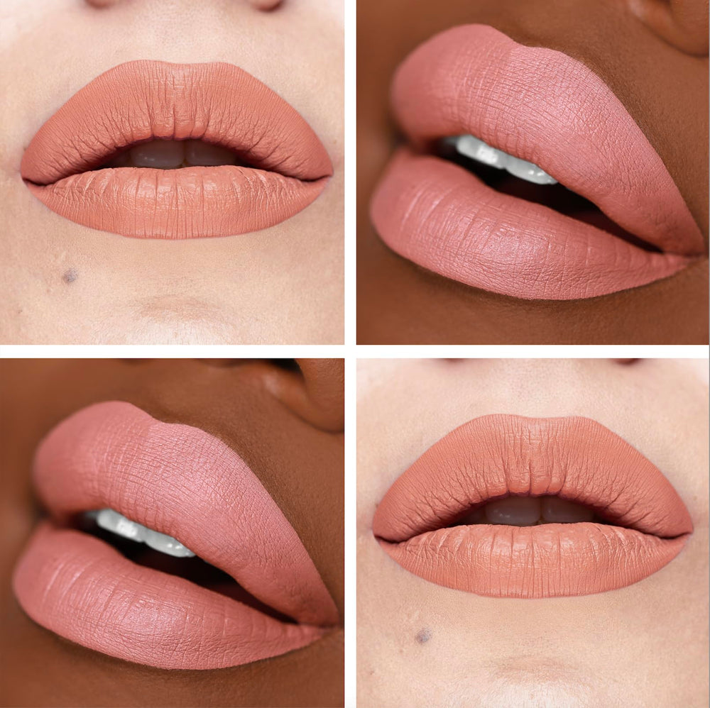 The Lip Bar Commando peachy nude liquid matte gloss like application close-up