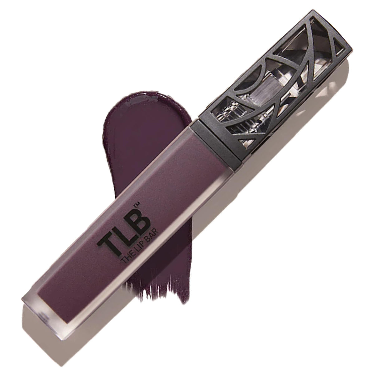 The Lip Bar Drama Queen deep eggplant liquid lipstick swatch shows bold, long-wearing color.