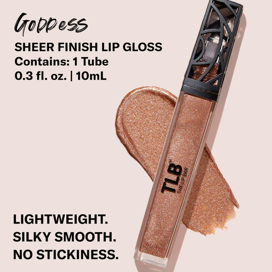 The Lip Bar Goddess gloss swatch on skin shows sheer color with a moisturized appearance.