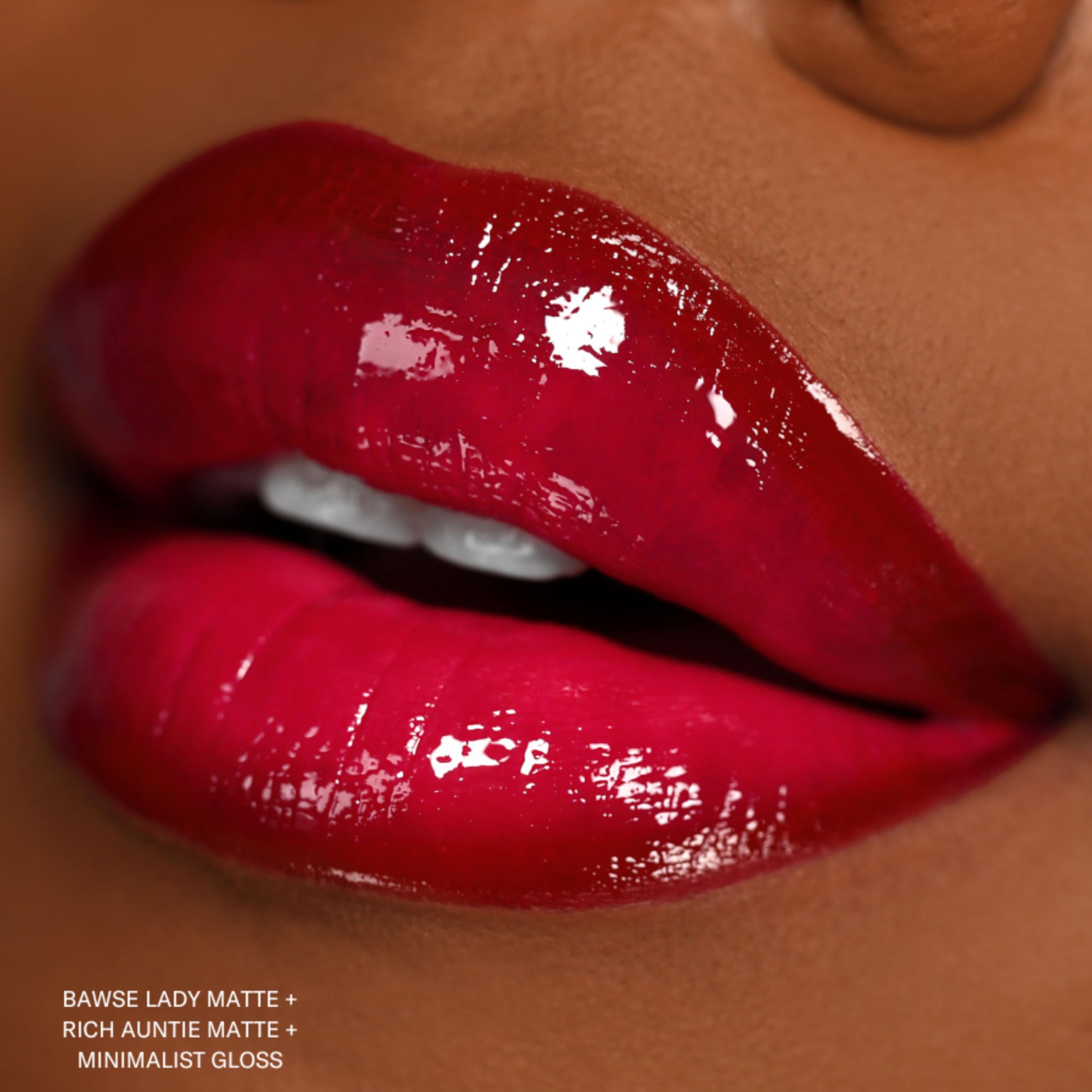 The Lip Bar layering with gloss shows high-shine versatility