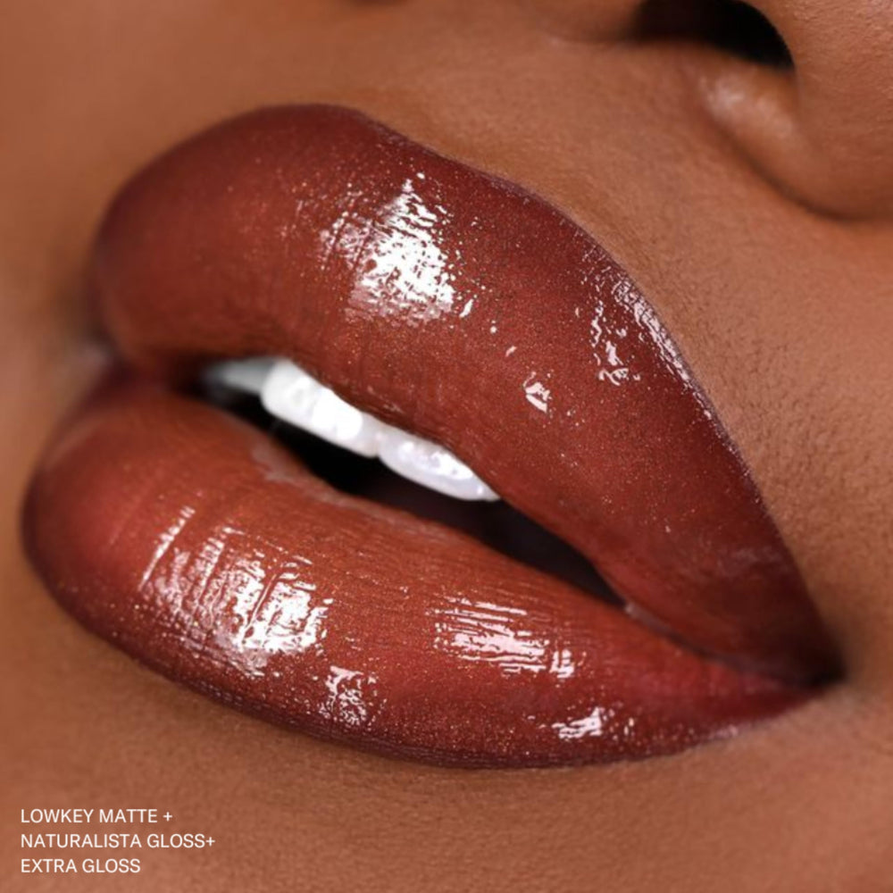 The Lip Bar Low Key brown lip application for a rich matte look