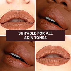 The Lip Bar Naturalista soft brown glide-on application demonstrates seamless color payoff.