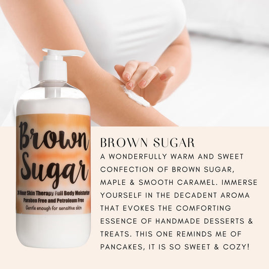 The Lotion Company label close-up—paraben-free formula with comforting Brown Sugar Gourmand scent.