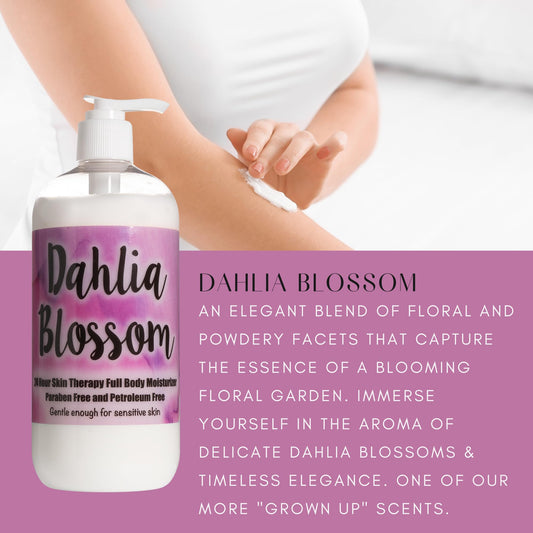 The Lotion Company Dahlia Blossom label detail highlights premium ingredients like aloe and vitamins for healthier skin
