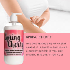 The Lotion Company Spring Cherry lotion bottle back details nourishing ingredients like aloe and vitamins.