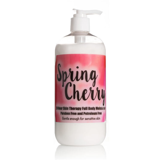 The Lotion Company Spring Cherry lotion bottle front emphasizes quick hydration and a non-greasy feel.