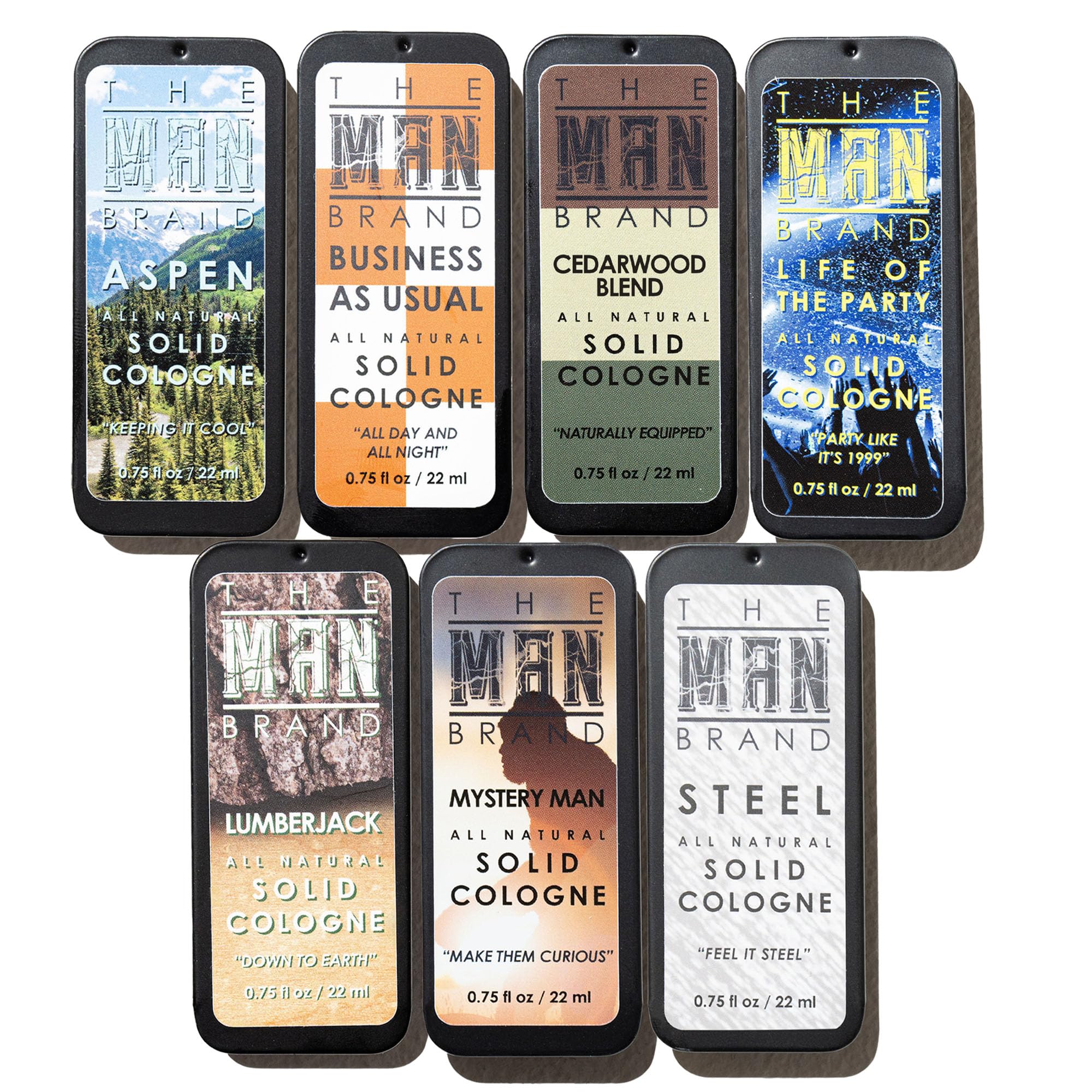 The Man Brand Aspen solid cologne tin for lasting daily fragrance