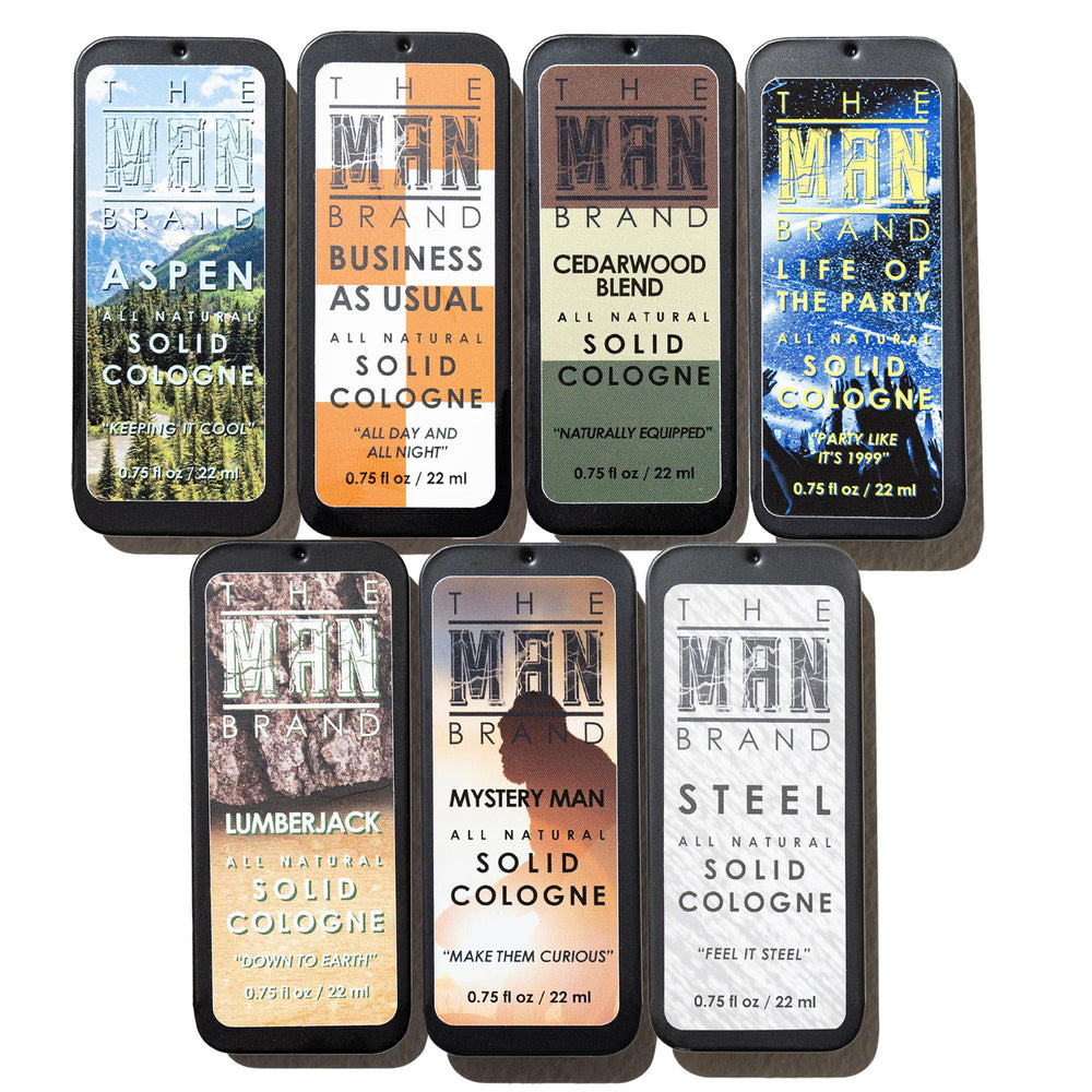 The Man Brand Aspen solid cologne tin for lasting daily fragrance