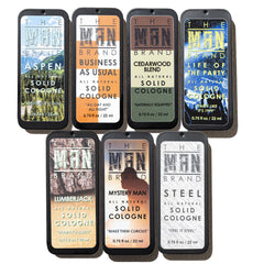 The Man Brand Aspen solid cologne tin for lasting daily fragrance