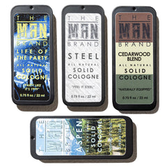 The Man Brand Aspen Solid Perfume tin, compact travel-friendly for quick scent touch-ups.