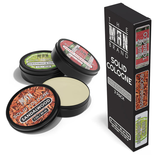 The Man Brand Bergamot Cedar solid cologne for on-the-go freshness.