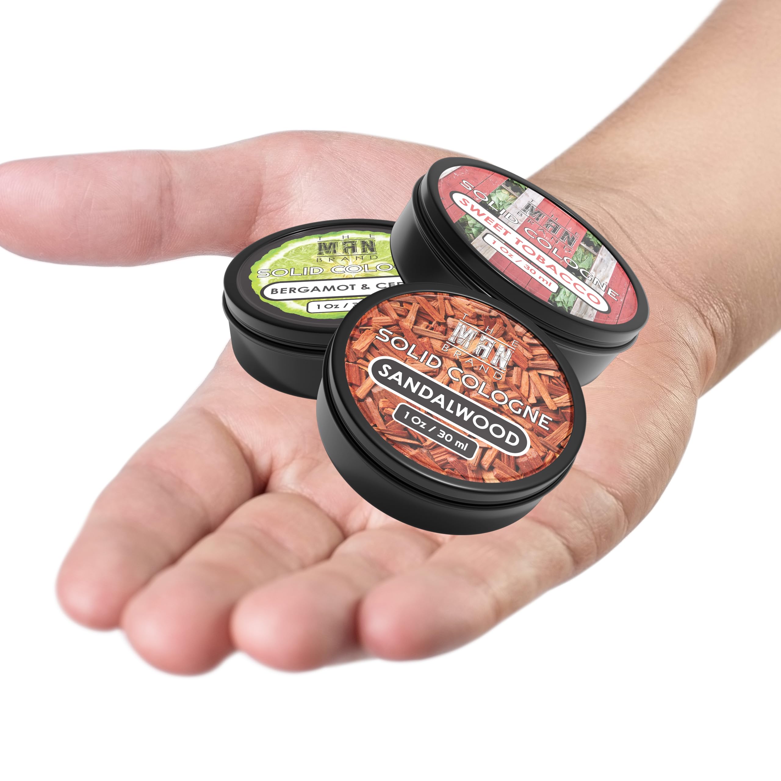 The Man Brand Sandalwood solid cologne for everyday wear.