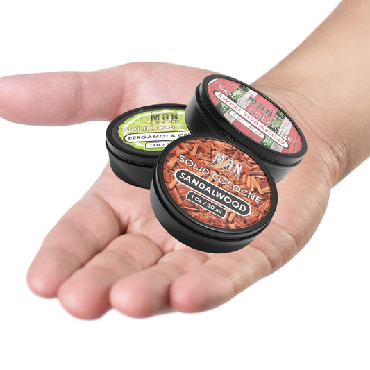 The Man Brand Sandalwood solid cologne for everyday wear.