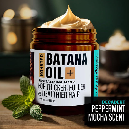 Batana oil jar closeup reveals rich texture that supports smoother, more manageable hair.