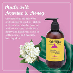 The Naked Bee lotion label shows Jasmine & Honey, signaling a floral scent and natural ingredients.