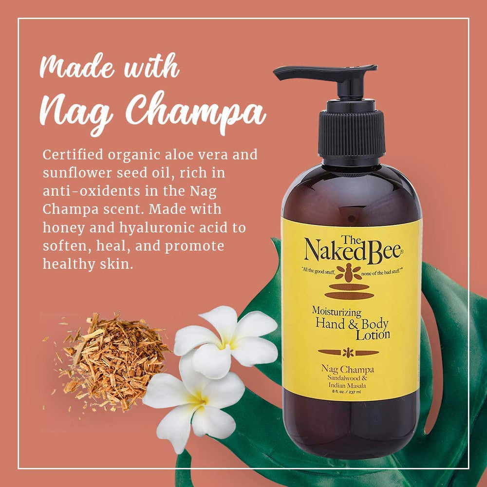 The Naked Bee Nourishing Body Lotion Nag Champa Sandalwood label close-up highlights natural ingredients.