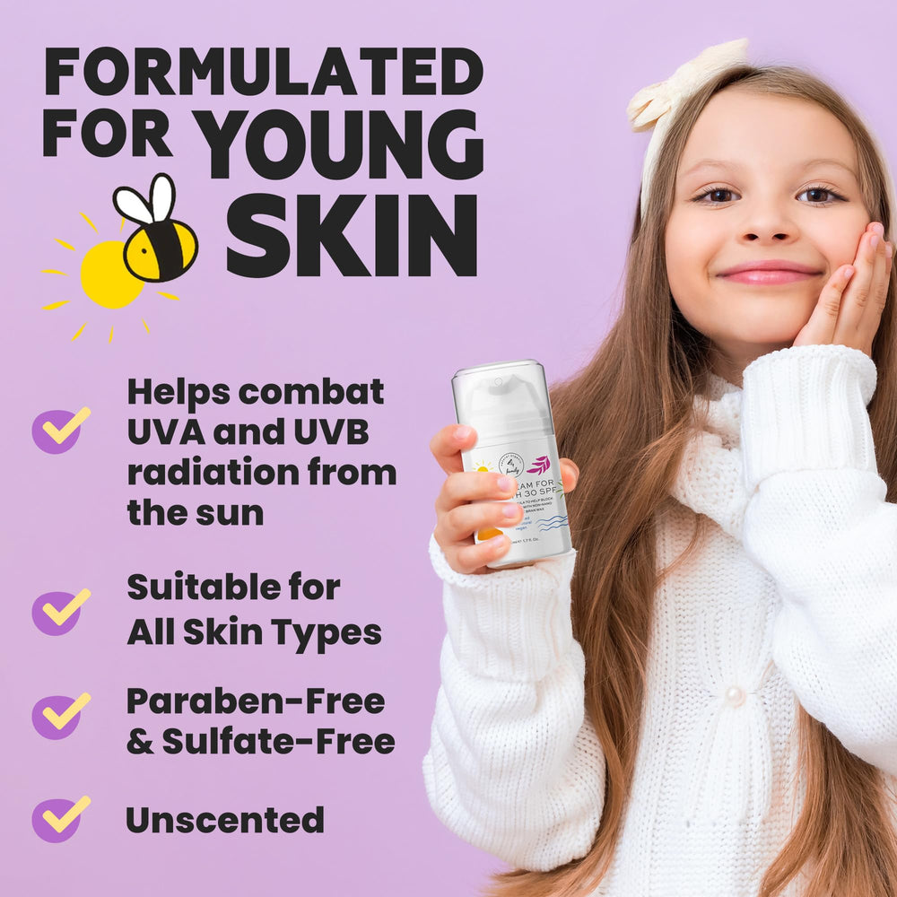 The Natural and Organic Family Kid Face Sunscreen Moisturizer application scene shows quick absorption during outdoor play.
