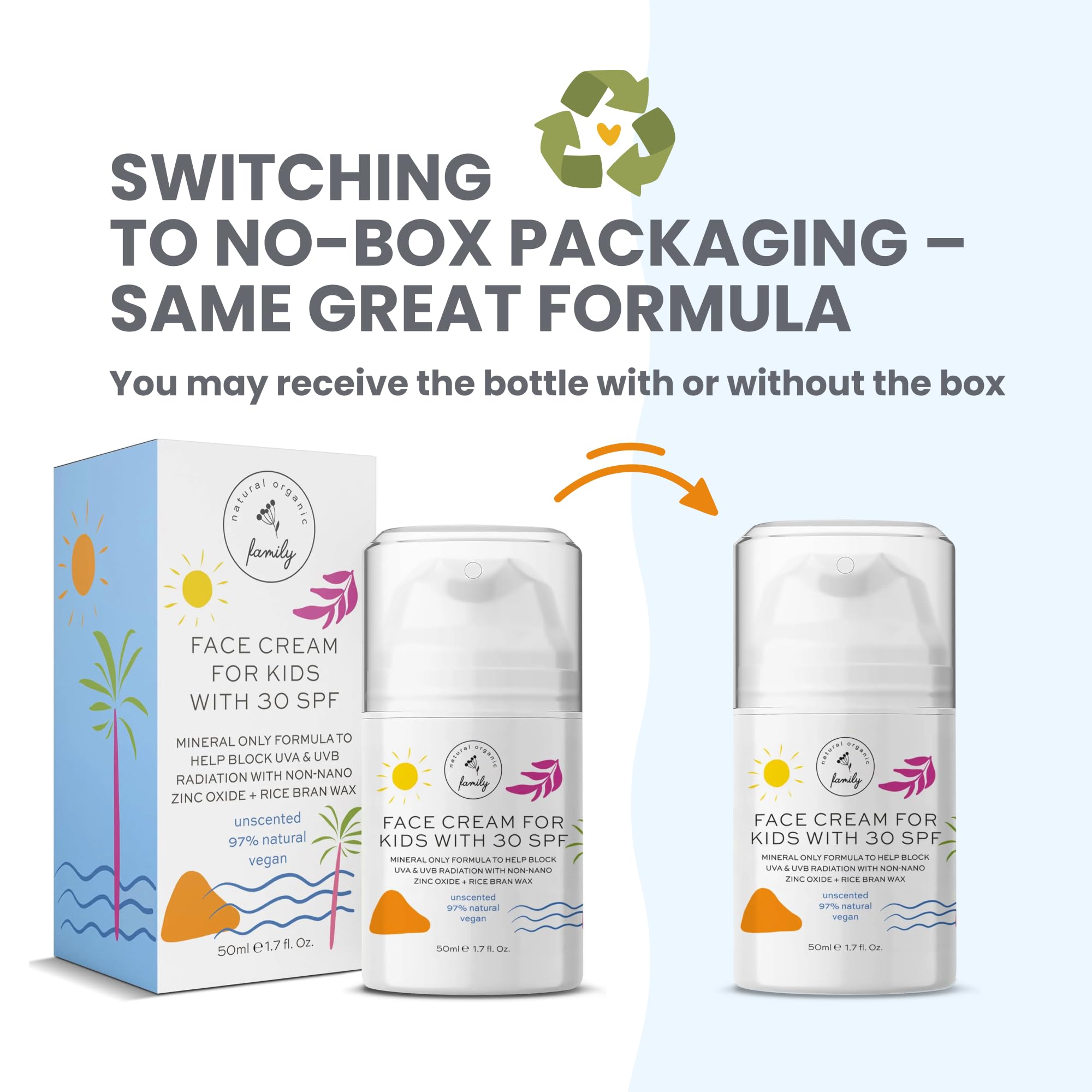 The Natural and Organic Family Kid Face Sunscreen Moisturizer label close-up highlights mineral zinc oxide.