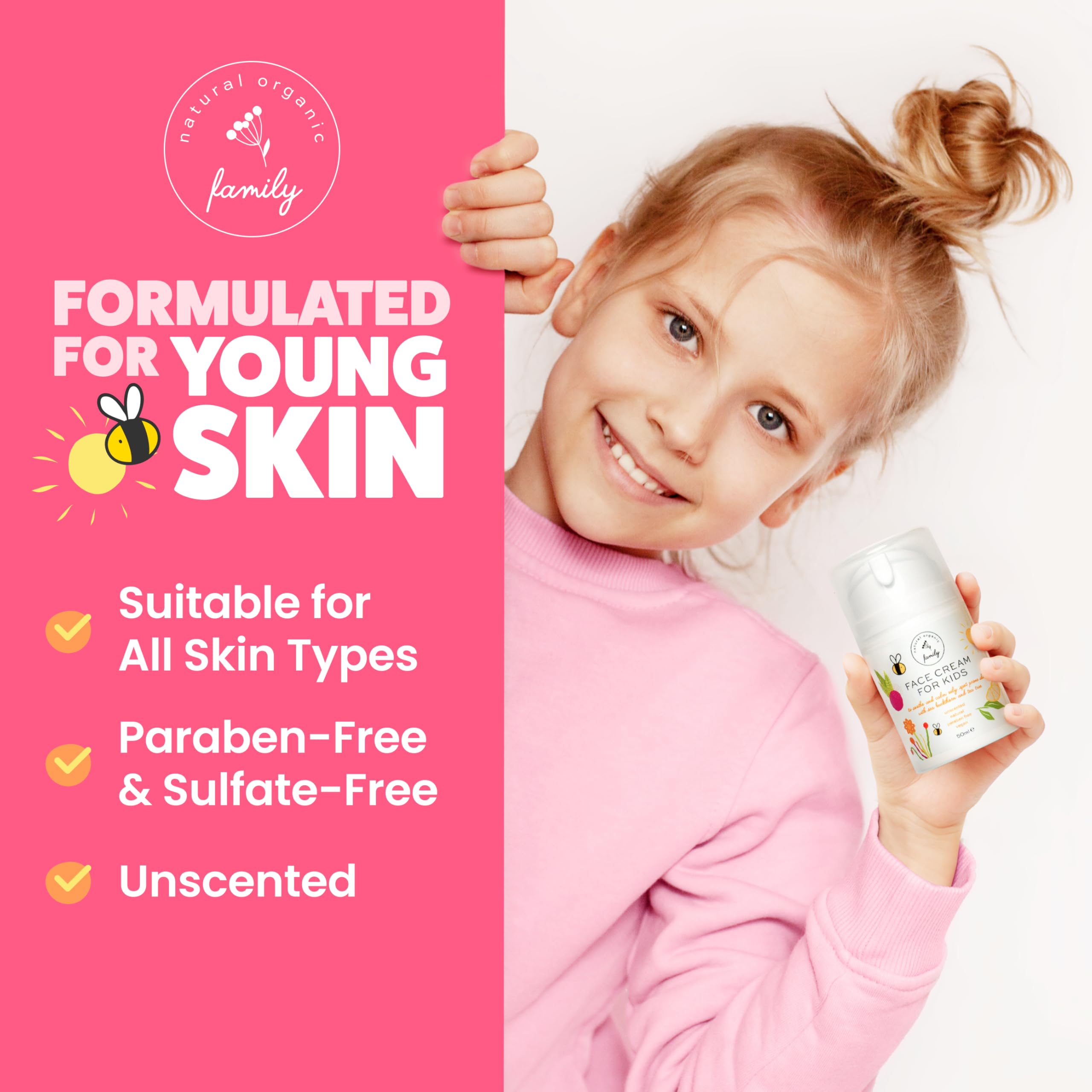The Natural and Organic Family Kid Face Sunscreen Moisturizer packaging highlights sustainable upcycled wax.