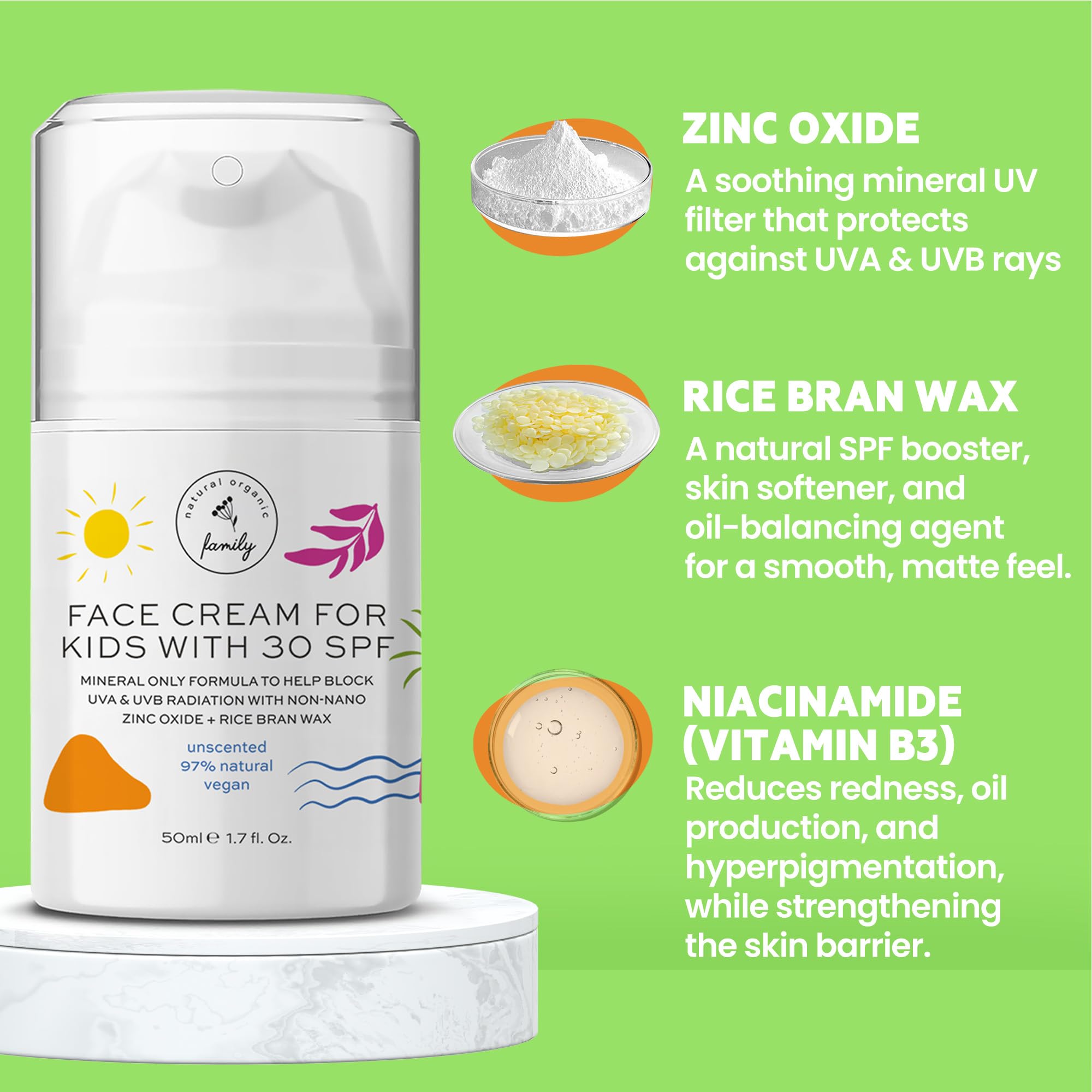 The Natural and Organic Family Kid Face Sunscreen Moisturizer bottle with SPF 30 emphasizes safe daily protection.