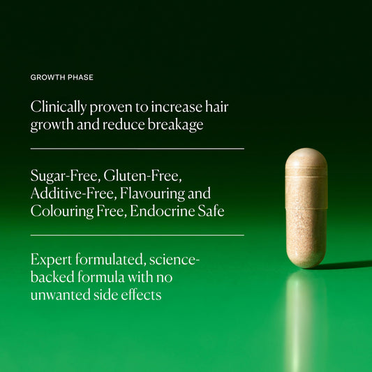 Close-up of Growth Phase capsules indicating vegan hair health support