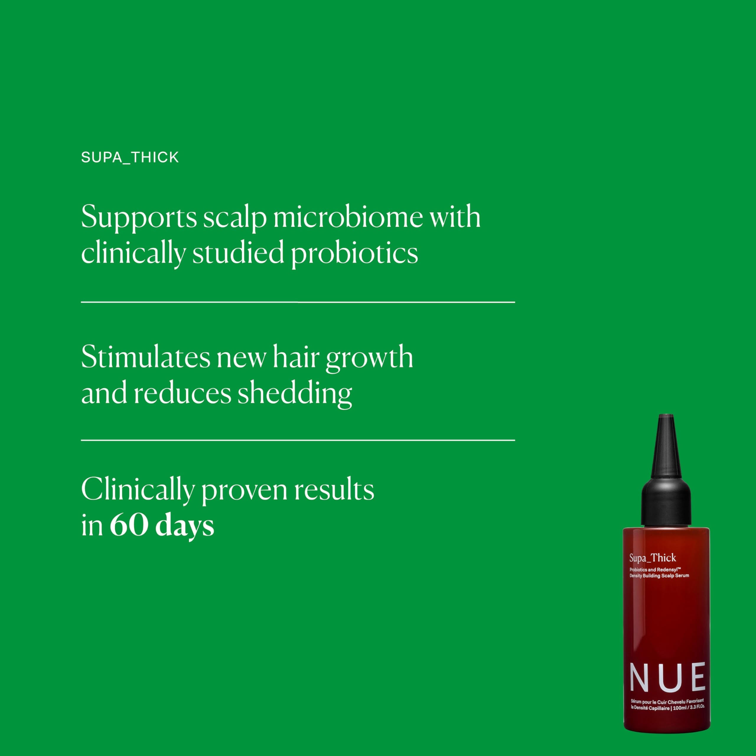The Nue Co Supa Thick Hair Serum dropper application on scalp for targeted nourishment.