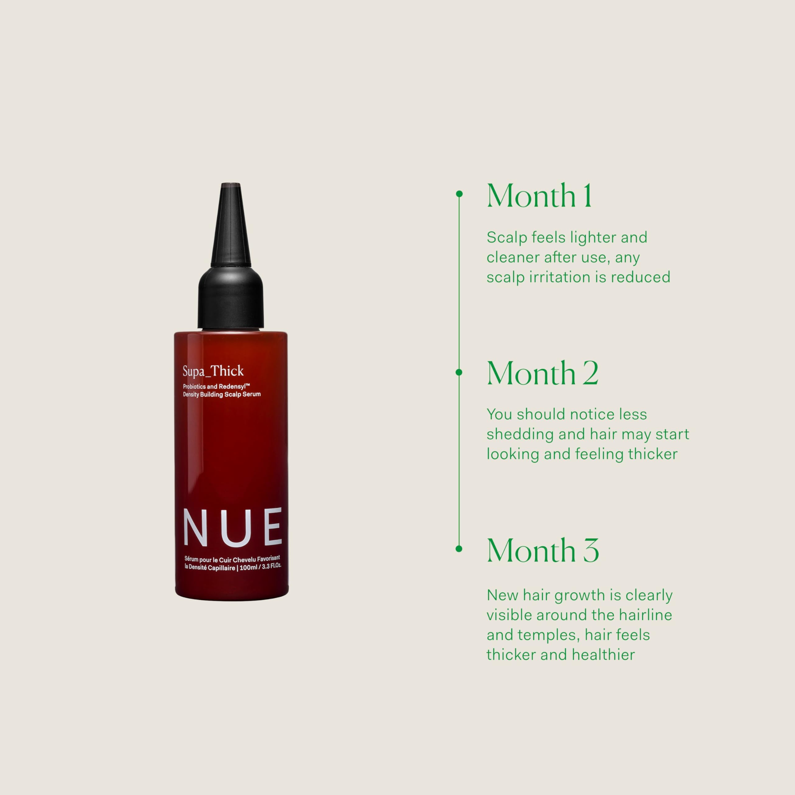 The Nue Co Supa Thick Hair Serum packaging shot emphasizing clean vegan ingredients.