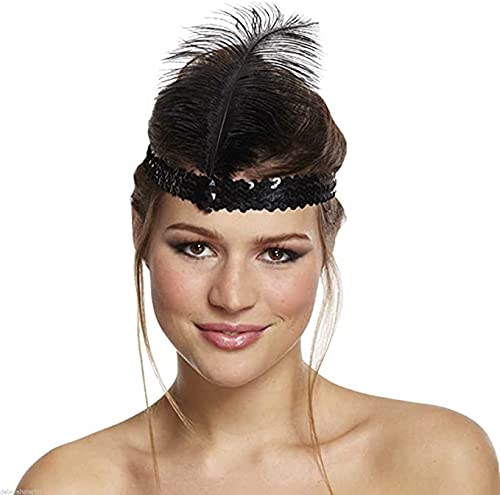 The Only One 1920s carnival sequin feather headband enhances retro looks.