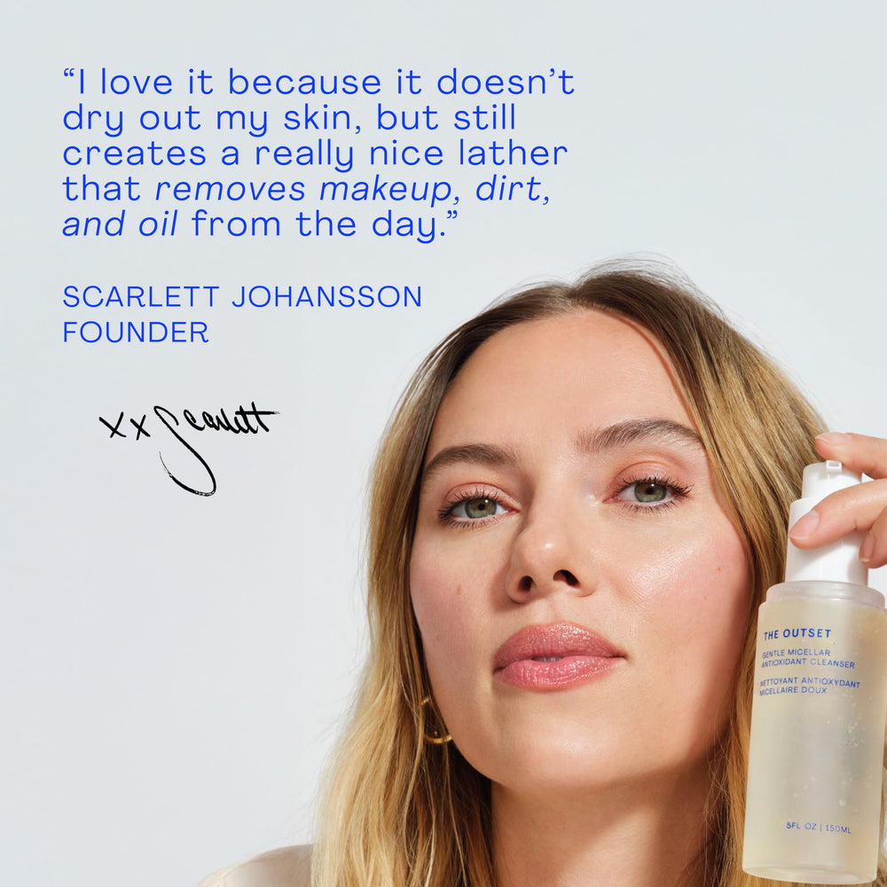 The Outset antioxidant ingredients on label featuring apple, sunflower, avocado for radiant-looking skin.
