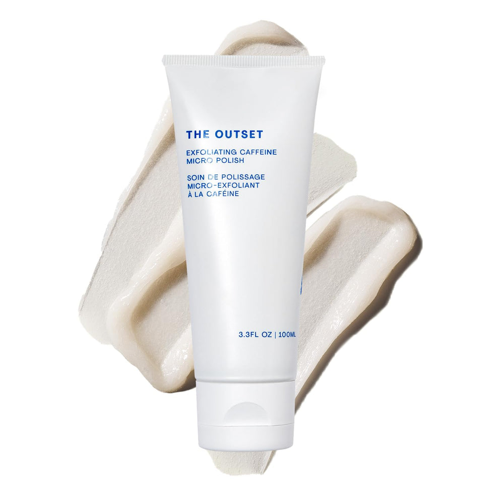 The Outset exfoliating caffeine micro polish bottle shown for gentle exfoliation.