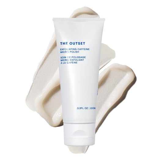 The Outset exfoliating caffeine micro polish bottle shown for gentle exfoliation.