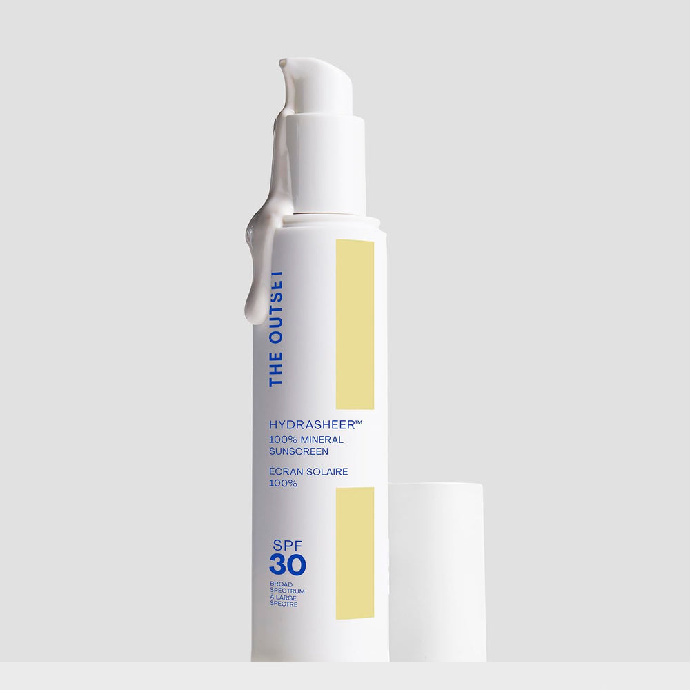 The Outset Hydrasheer mineral cream texture close-up showing lightweight feel.