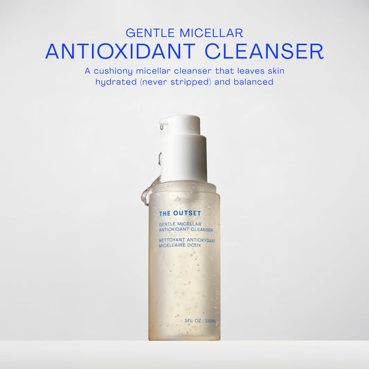 The Outset micellar gel texture close-up showing light foam for gentle cleansing.