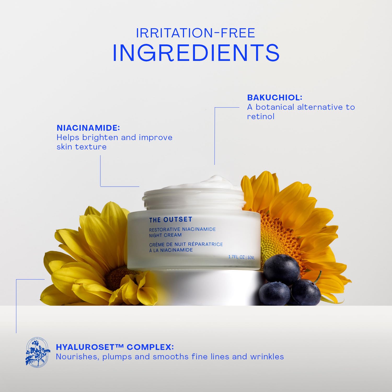 The Outset niacinamide bakuchiol formula supports even tone and radiant skin