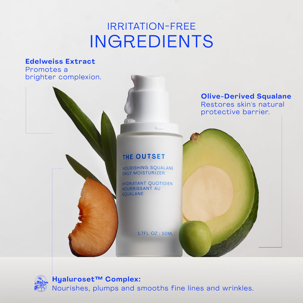 The Outset Squalane Daily Face Moisturizer glass bottle supports controlled dispensing.