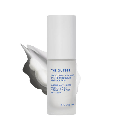 The Outset Vitamin C Eye Cream tube closeup showing brightening formula for delicate eye area