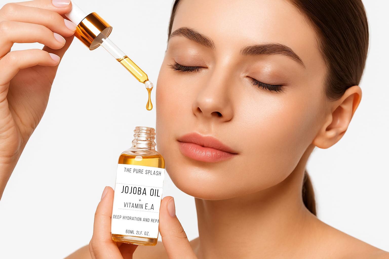 Label highlights vitamin A and E with pure jojoba oil for care.