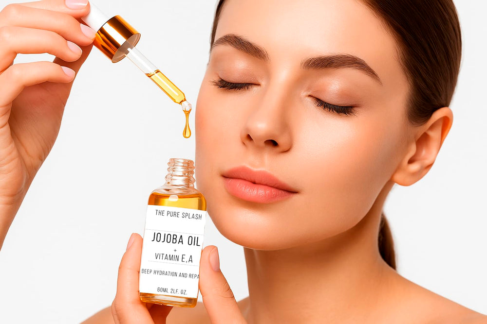 Label highlights vitamin A and E with pure jojoba oil for care.